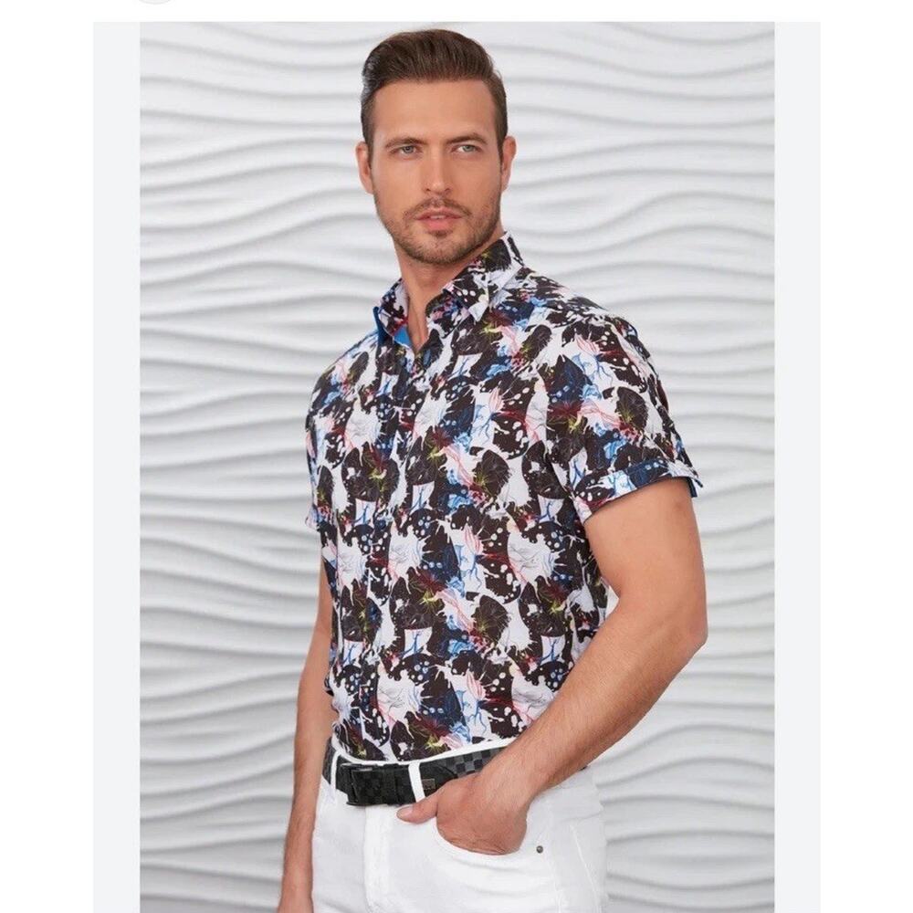 Mondo White Splash Men’s Short-sleeved Button Down Shirt‎ Sz Large MRSP $135